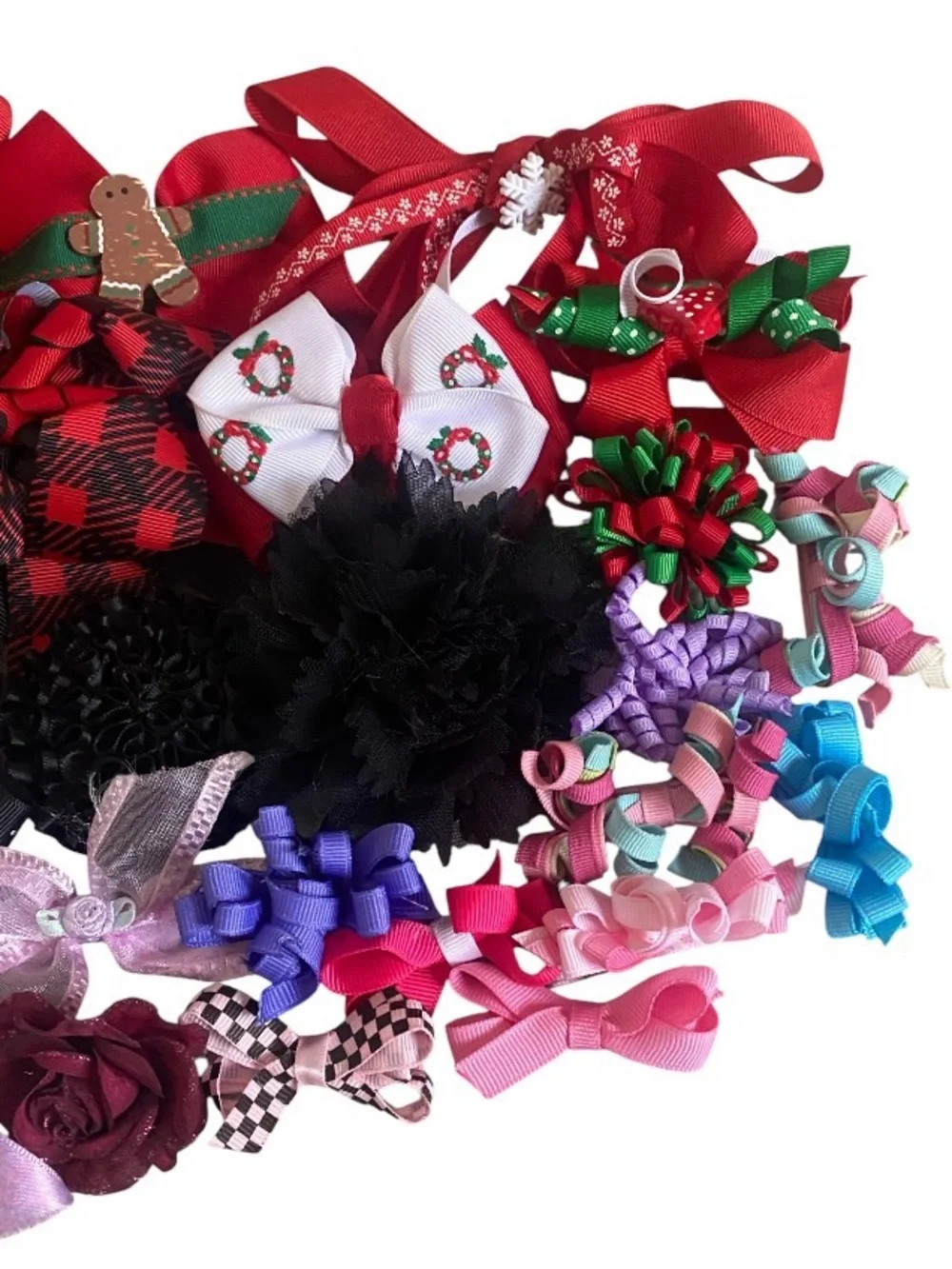 24pcs Assorted Girls Hair Bows and Flower Clips - Red, Black, Pink, Purple, Blue